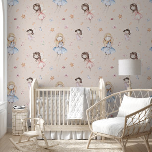 Watercolor Fairy Flowers Peach Fairytale Nursery Wallpaper