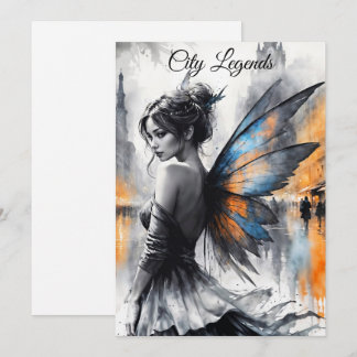 Watercolor fairy girl twilight magical night city invitation