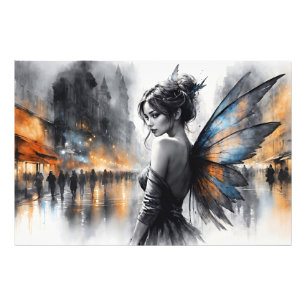 Watercolor fairy girl twilight magical night city photo print