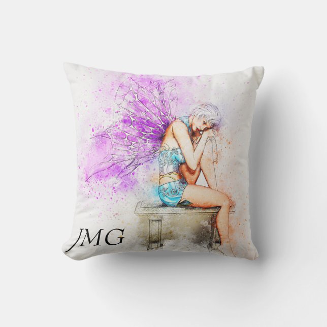 Watercolor Fairy in Blue with Monogram Cushion (Front)