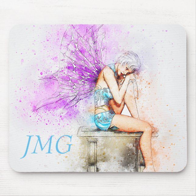 Watercolor Fairy in Blue with Monogram Mouse Pad (Front)