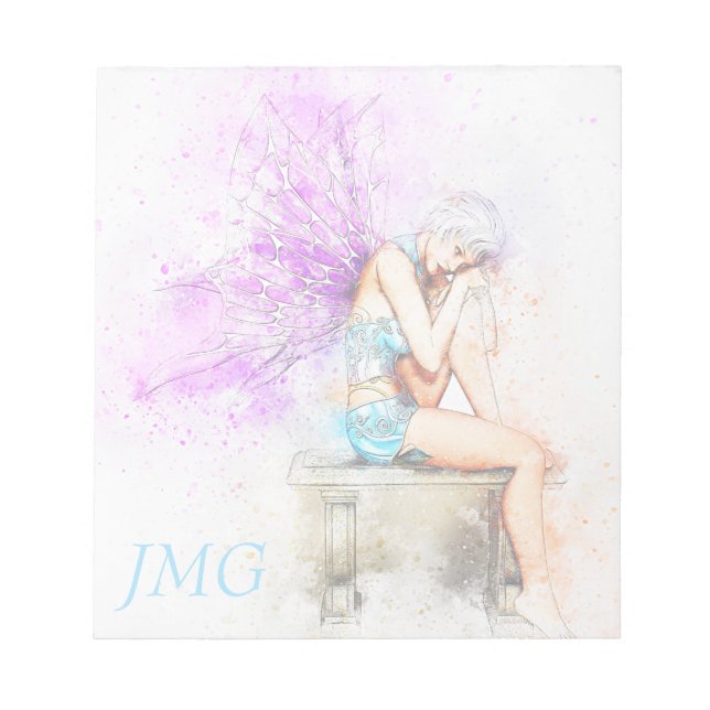Watercolor Fairy in Blue with Monogram Notepad (Front)