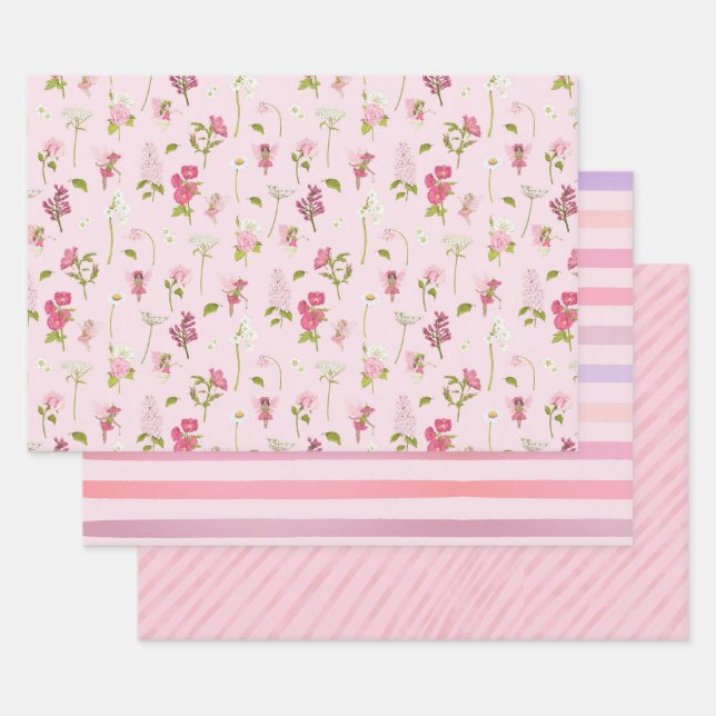 Watercolor Fairy Pink Stripes Wrapping Paper Sheet (Set)