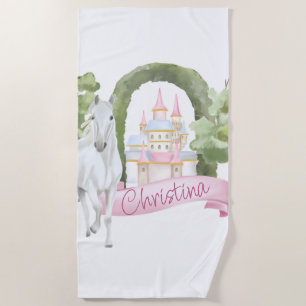 Watercolor Fairy Tale Castle and White Horse Beach Towel
