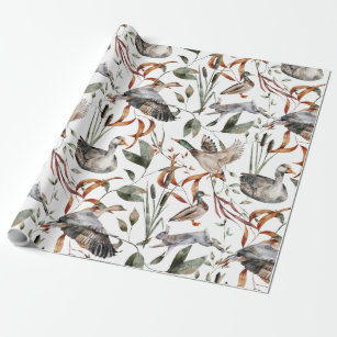 Watercolor Fall Autumn Foliage Mallard Duck Geese Wrapping Paper