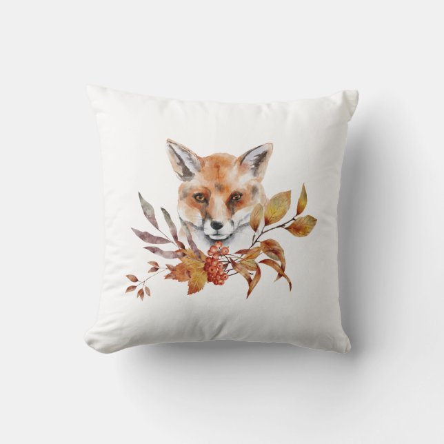 Watercolor Fall Autumn Foliage Red Fox Cushion (Front)