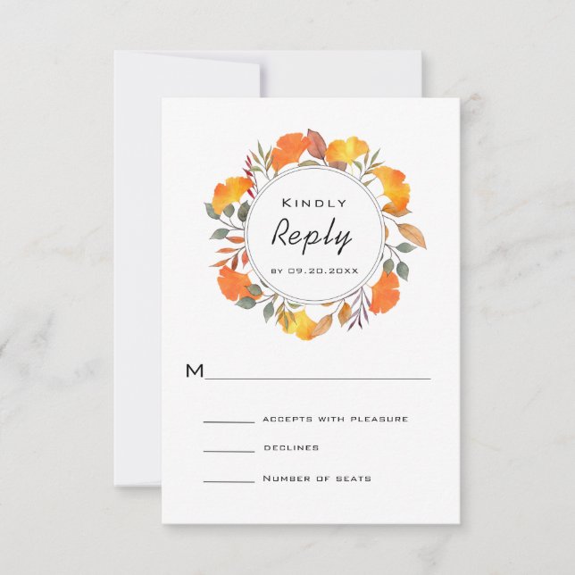 Watercolor Fall Autumn wreath wedding RSVP Card (Front)