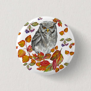 Watercolor fall beautiful owl and leaves 3 cm round badge