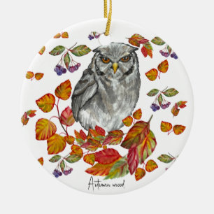 Watercolor fall beautiful owl and leaves ceramic ornament