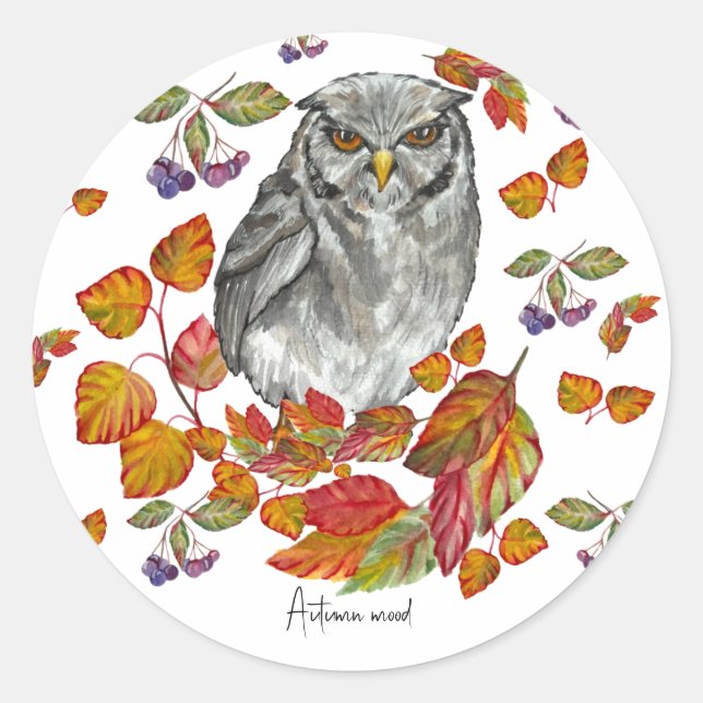 Watercolor fall beautiful owl and leaves classic round sticker (Front)