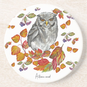 Watercolor fall beautiful owl and leaves coaster