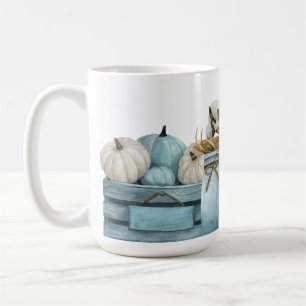 WATERCOLOR FALL BLUE & WHITE PUMPKINS CRATES JARS COFFEE MUG