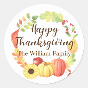 Watercolor Fall Bounty Wreath Pumpkin Thanksgiving Classic Round Sticker