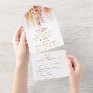 Watercolor fall brown coral wedding after party all in one invitation