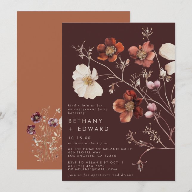 Watercolor Fall Brown Wildflower Engagement Party Invitation (Front/Back)