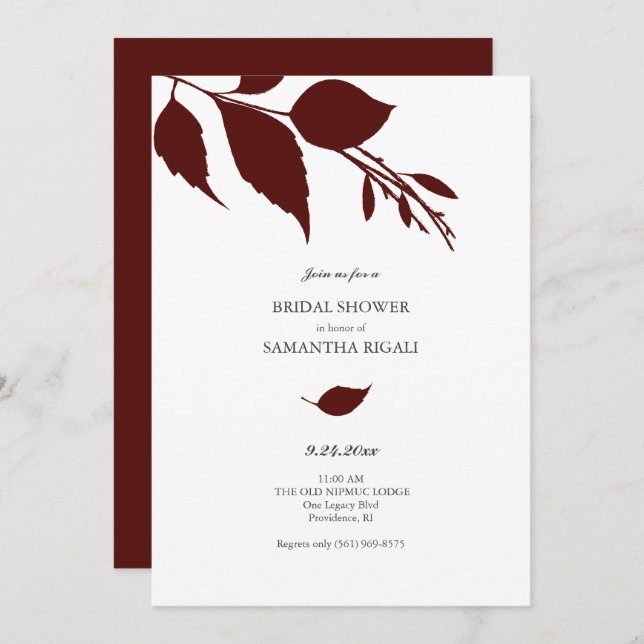 Watercolor Fall Burgundy Bridal Shower Invitation (Front/Back)