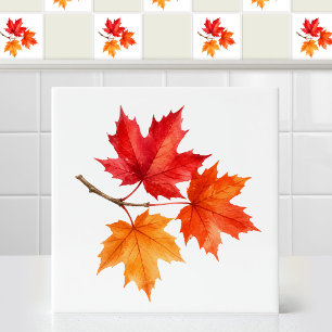 Watercolor Fall Canadian Red Maple Leaves Twig Art Ceramic Tile