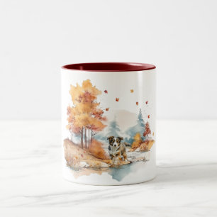 Watercolor Fall Dog Design- Australian Shepherd Two-Tone Coffee Mug