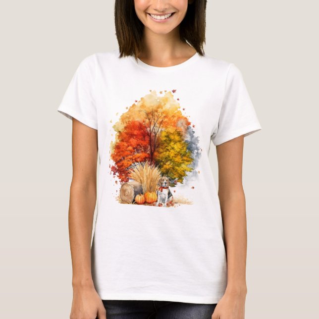 Watercolor Fall Dog Design- Beagle T-Shirt (Front)