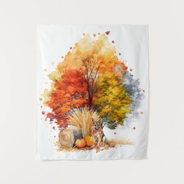 Watercolor Fall Dog Design- German Shepherd Tapestry (Front)
