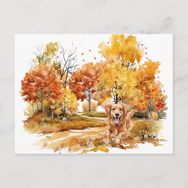 Watercolor Fall Dog Design- Golden Retriever Postcard (Front)