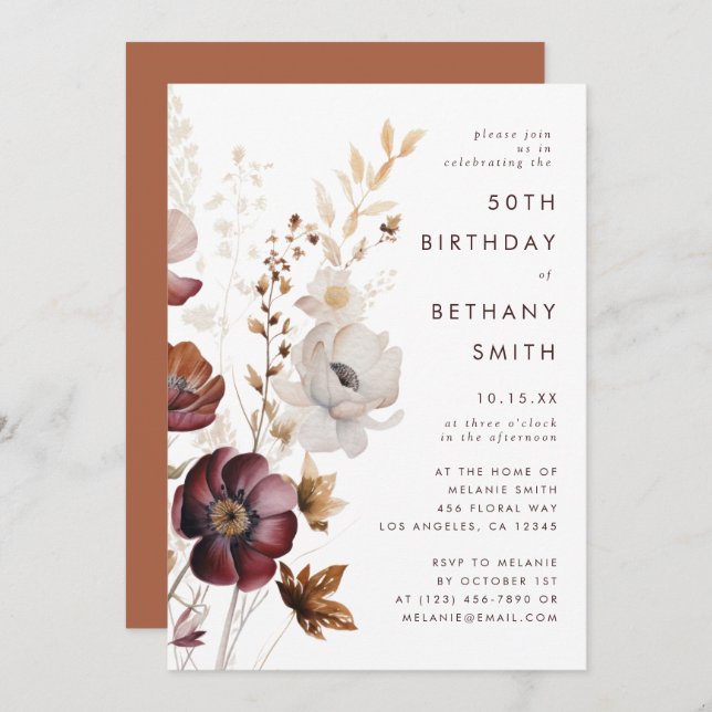 Watercolor Fall Floral Birthday Party Invitation (Front/Back)
