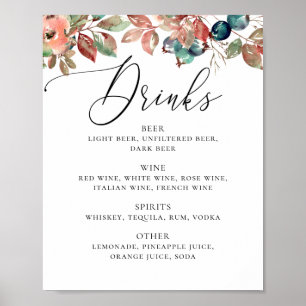 Watercolor fall floral blueberry wedding drinks poster