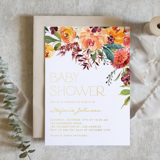 Watercolor Fall Floral Bouquet Baby Shower (Custom Fall Baby Shower Invitation with Watercolor Florals, Greenery, and Gold Foil Text)