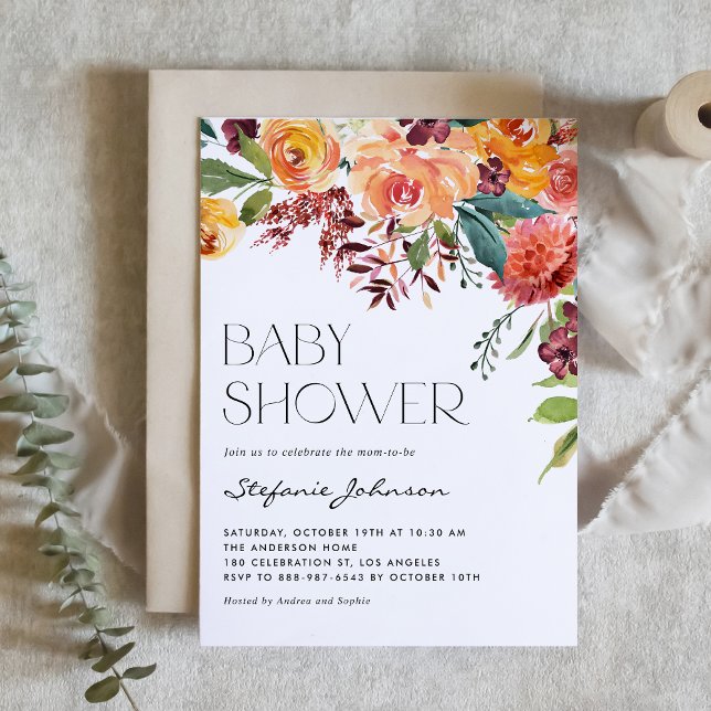 Watercolor Fall Floral Bouquet Baby Shower Invitation (Custom Autumn Floral Baby Shower Invitation with Watercolor Fall Flowers and Greenery)
