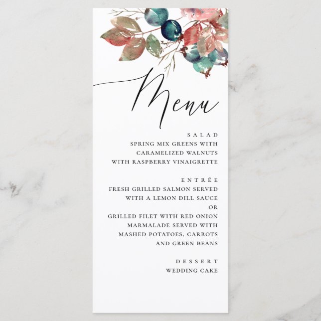 Watercolor fall floral garden wedding. Blueberry Menu (Front)