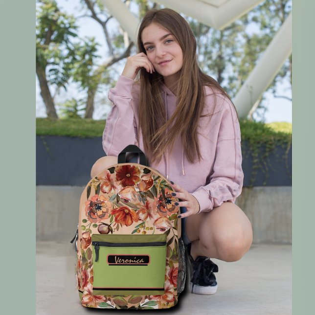 Watercolor Fall Floral Printed Backpack (beautiful fall theme backpack with orange, red flowers and green leaves and olive green pocket)