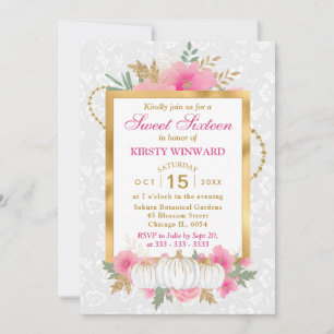 Watercolor Fall Floral Pumpkin Sweet Sixteen Invitation