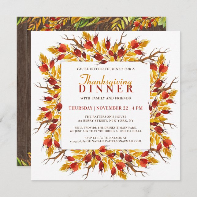 Watercolor Fall Floral Thanksgiving Dinner Invitation (Front/Back)