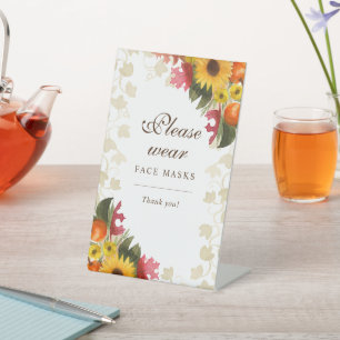 watercolor fall flower please wear face mask pedestal sign