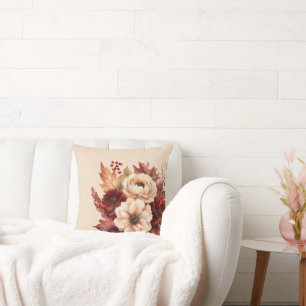 Watercolor Fall Flowers-Cream and Red- Cushion