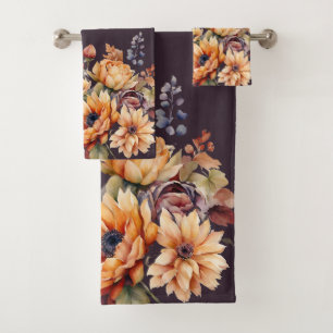 Watercolor Fall Flowers-Purple Bath Towel Set