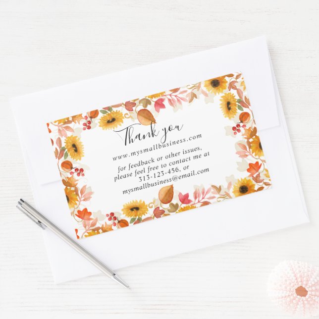 watercolor fall flowers thank you business info  rectangular sticker (Envelope)