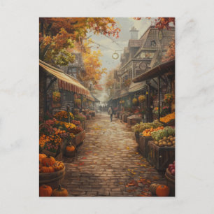 Watercolor Fall Foliage Bustling Market Street Holiday Postcard
