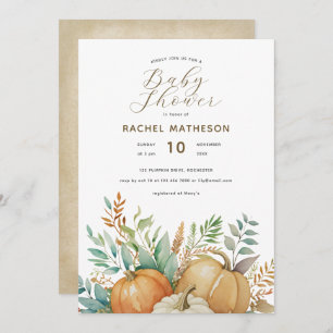 Watercolor fall foliage pumpkins baby shower invitation