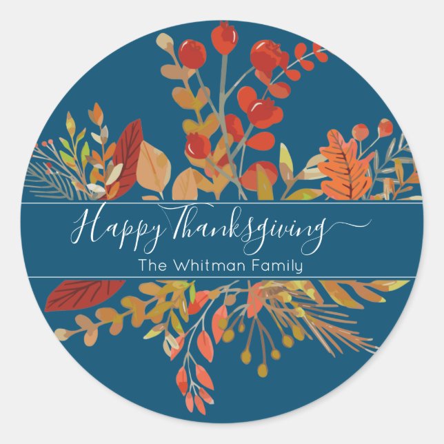 Watercolor Fall Foliage Thanksgiving | Blue Classic Round Sticker (Front)