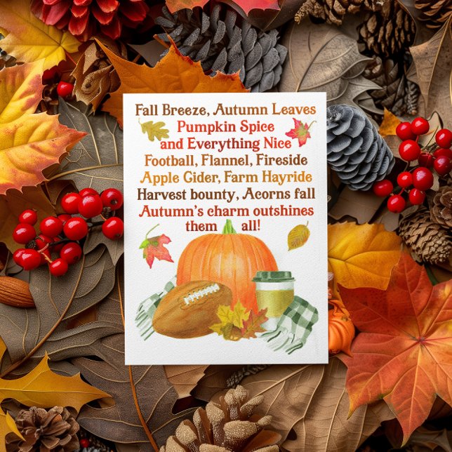 Watercolor Fall Football Pumpkin Latte Poem Postcard (Creator Uploaded)
