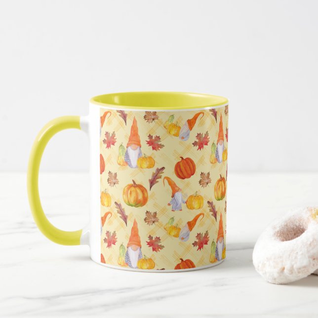 Watercolor Fall Gnomes, Pumpkins And Leaves Combo Mug (With Donut)