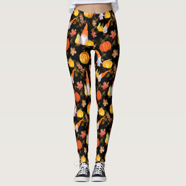 Watercolor Fall Gnomes, Pumpkins And Leaves Leggings (Front)