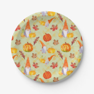 Watercolor Fall Gnomes, Pumpkins And Leaves Paper Paper Plate