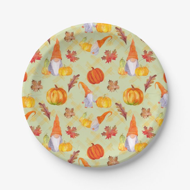 Watercolor Fall Gnomes, Pumpkins And Leaves Paper  Paper Plate (Front)