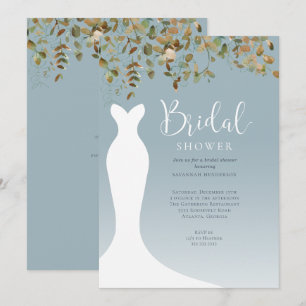 Watercolor Fall Greenery Dusty Blue Bridal Shower  Invitation