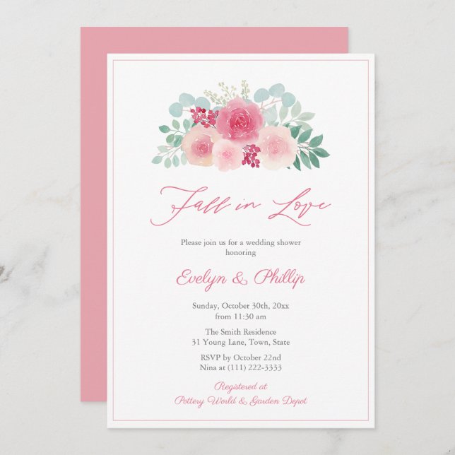 Watercolor Fall In Love Autumn Bridal Shower Party Invitation (Front/Back)