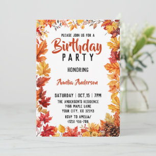 Watercolor Fall Leaves Autumn Birthday Party Invitation
