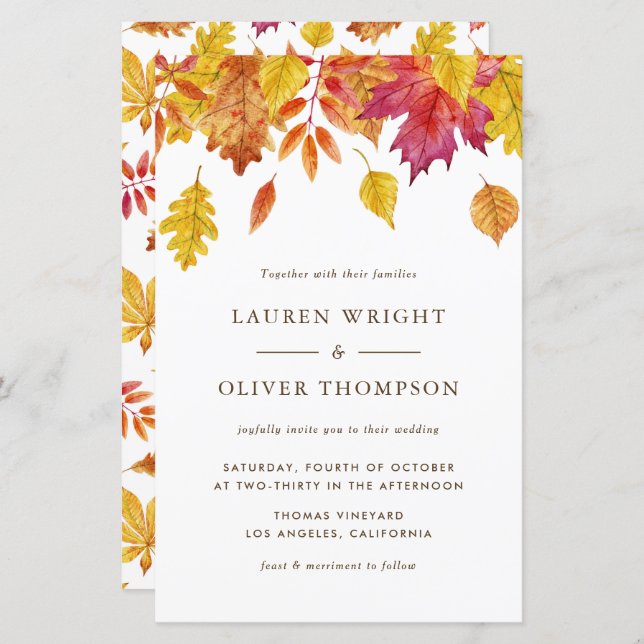 Watercolor Fall Leaves Autumn Wedding Invitation (Front/Back)