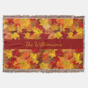 Watercolor Fall Leaves - Vintage Autumn w/ Name Throw Blanket